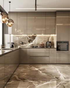 ultra-realistic 4k hd render of a modern luxury kitchen, glossy taupe cabinetry with seamless flat panel design, marble countertops with subtle veining, integrated built-in ovens and appliances, sleek induction cooktop, metallic kettle and cookware on counter, under-cabinet LED strip lighting, marble backsplash with soft veins, pendant globe glass lights with warm glow, recessed ceiling with cove lighting, polished marble floor with subtle veining, clean and minimal aesthetic, no plants, photorealistic mate
